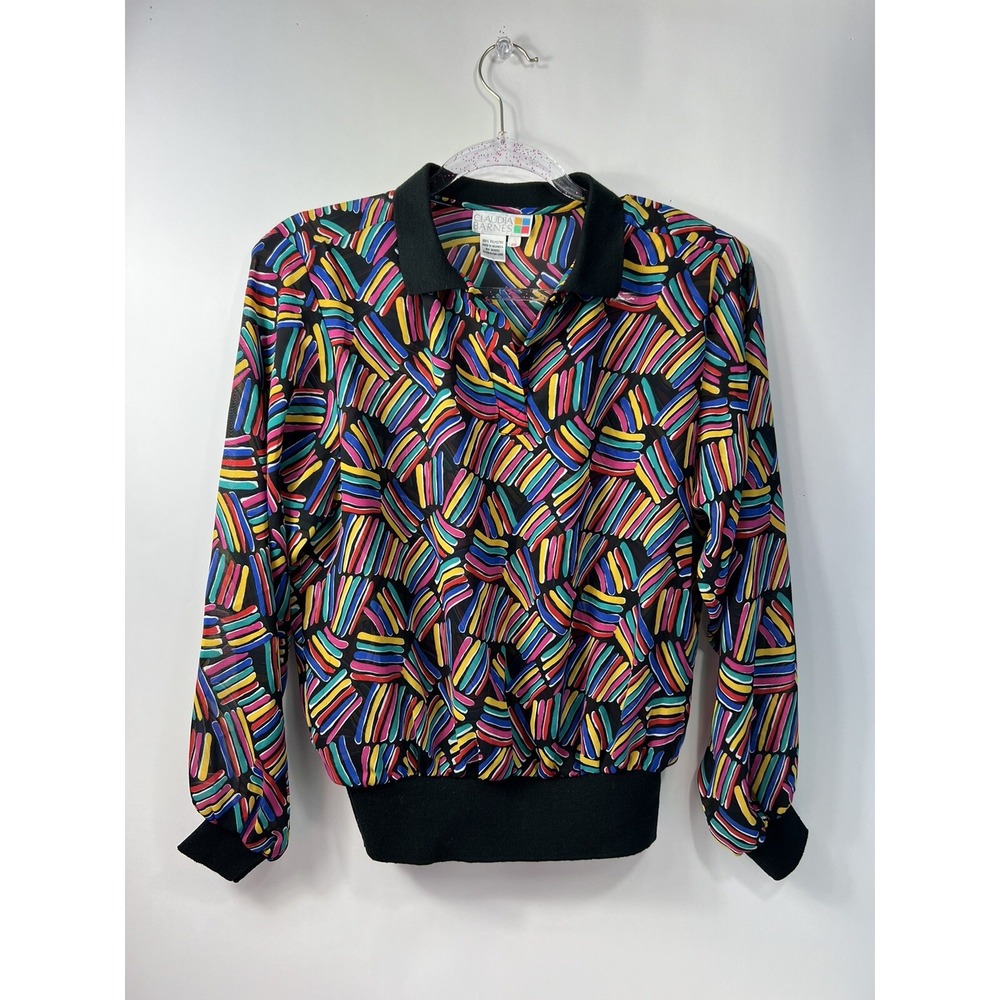 Vintage Claudia Barnes Blouse Women's‎ Size 10 Multicolor Ribbed Waistband